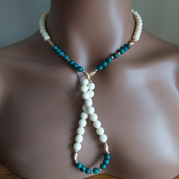 Elegant Cream and Teal Beaded Necklace Sterling Silver - Picture 4 of 14